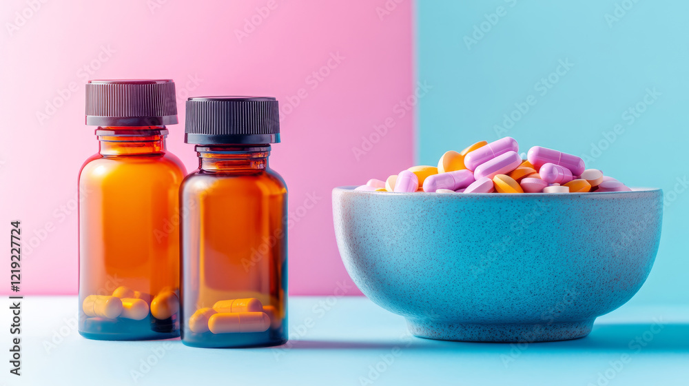 Colorful Prescription Bottles and Bowl of Pills on Bright Background - Health and Wellness Concept