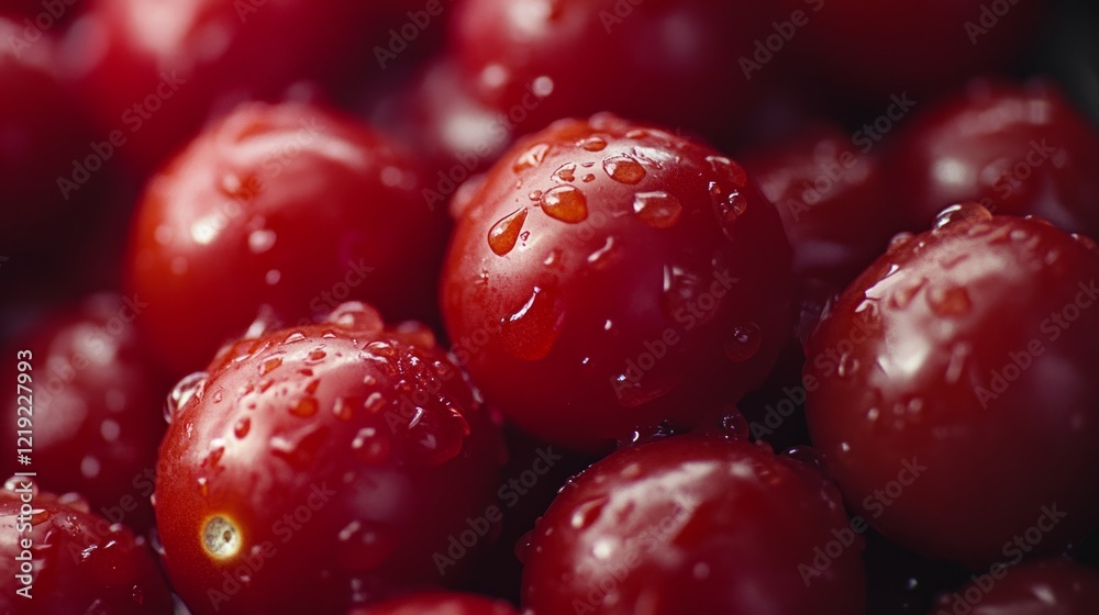 Close-up of fresh, red cherry tomatoes with water droplets. Food photography for recipes, blogs, or websites Close-up of fresh, red cherry tomatoes with water droplets. Food photography for recipes, blogs, or websites