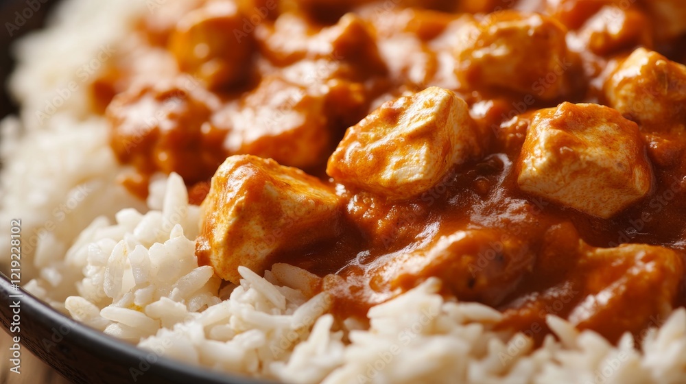 Close-up of rice with spicy chicken tikka masala. Featuring chicken in a spicy tomato and cream sauce, served over rice. Emphasizing a flavorful, aromatic dish. Ideal for Indian recipes. Close-up of rice with spicy chicken tikka masala. Featuring chicken in a spicy tomato and cream sauce, served over rice. Emphasizing a flavorful, aromatic dish. Ideal for Indian recipes.