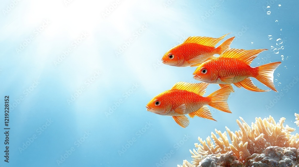 Vibrant Orange Goldfish Swimming Above Coral Reef in Sunlit Underwater Scene Vibrant Orange Goldfish Swimming Above Coral Reef in Sunlit Underwater Scene
