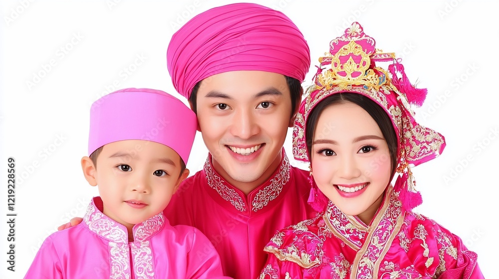 Happy Asian family in traditional pink clothing. Happy Asian family in traditional pink clothing.