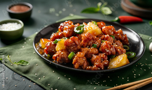 asian dish sweet and sour pork/ meat with pineapple in a black bowl