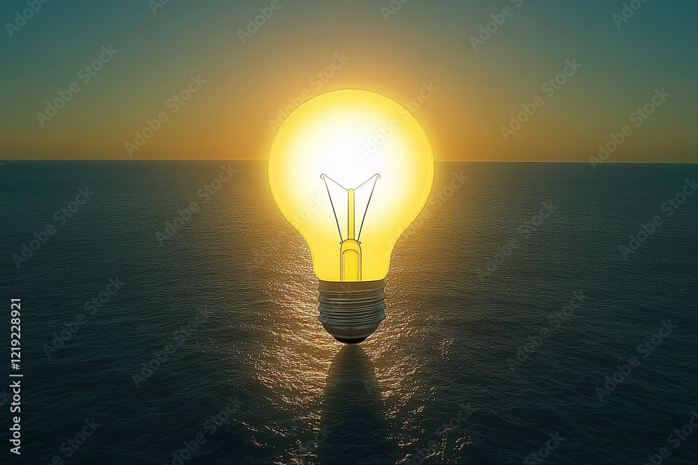 Bright bulb shaped like the sun rising over calm ocean waters at dusk Bright bulb shaped like the sun rising over calm ocean waters at dusk