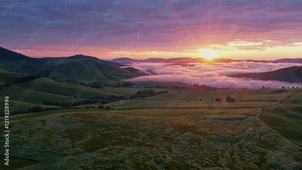 Sunrise over rolling hills with morning fog, panoramic landscape. Peaceful nature and tranquility concept Sunrise over rolling hills with morning fog, panoramic landscape. Peaceful nature and tranquility concept