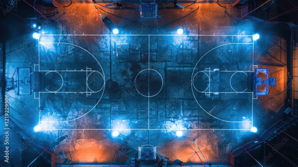 Fototapeta premium Aerial View of Illuminated Outdoor Basketball Court at Night Neon Blue and Orange Lights Glowing