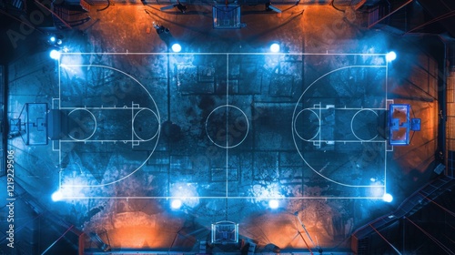 Aerial View of Illuminated Outdoor Basketball Court at Night Neon Blue and Orange Lights Glowing