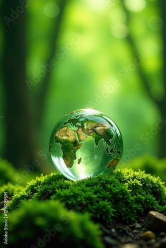 A Glass Globe Representing Our Planet Rests Gently on a Bed of Lush Green Moss in a Serene Forest Setting