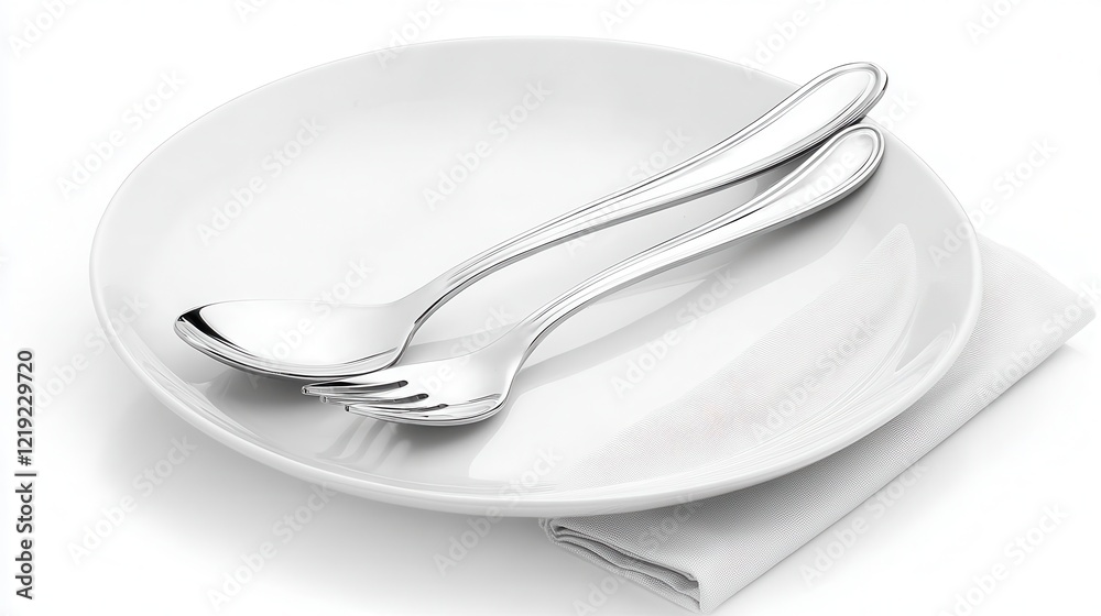 A shiny silver spoon and fork, elegantly placed on a white plate with a napkin beside them A shiny silver spoon and fork, elegantly placed on a white plate with a napkin beside them