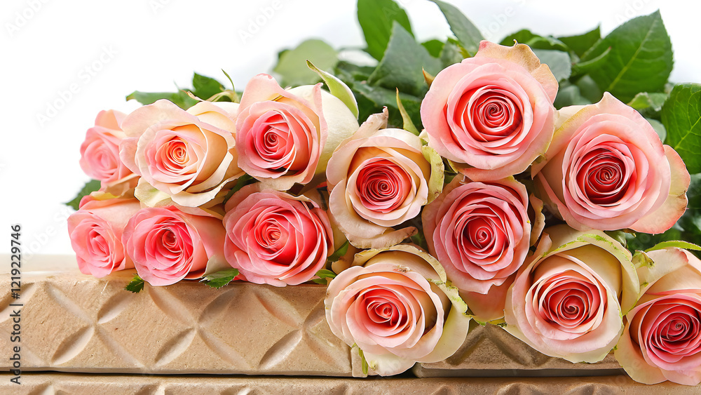 Saint Valentine's Day. Luxurious red roses in full bloom, with soft petals and green leaves, cut out Saint Valentine's Day. Luxurious red roses in full bloom, with soft petals and green leaves, cut out