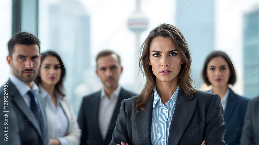 Corporate Conflict: Serious Senior Businesswoman and Team in Modern Office Setting Corporate Conflict: Serious Senior Businesswoman and Team in Modern Office Setting