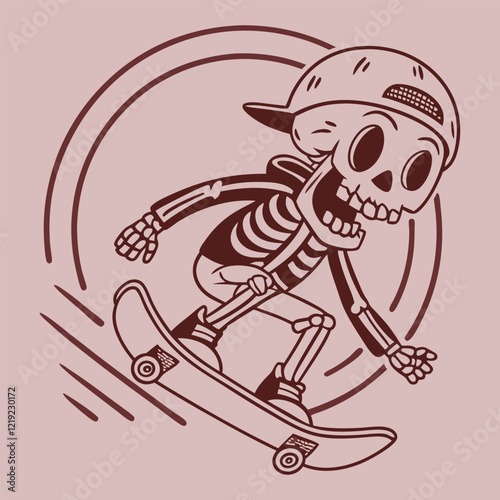 Skateboard t-shirt label design with illustration of skeleton playing skateboard. Hand drawn illustration.