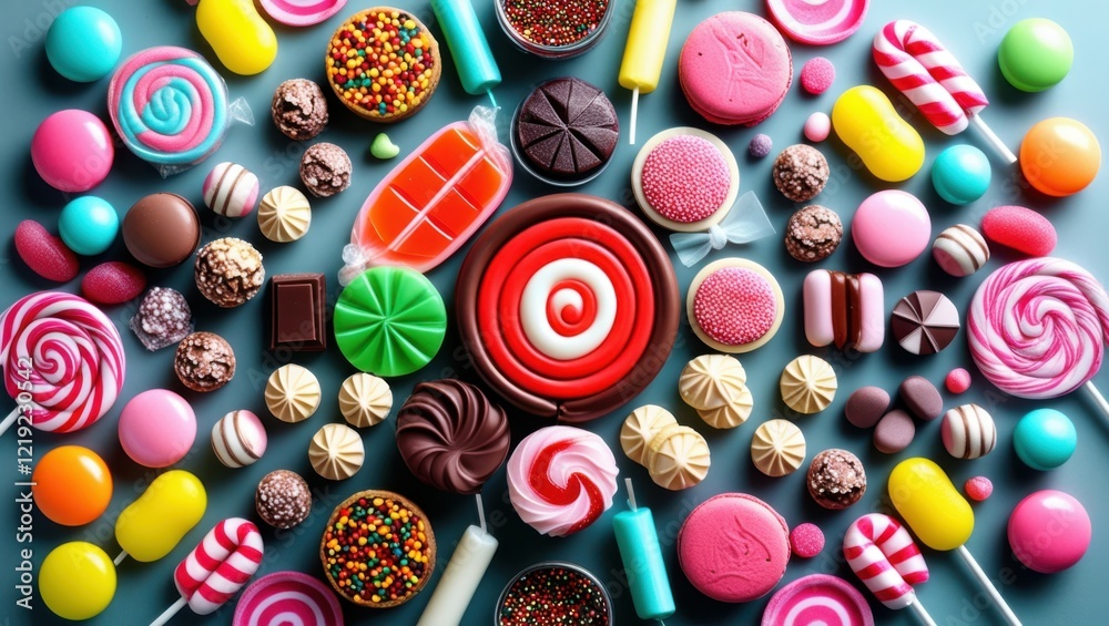 Fototapeta premium Colorful candy assortment, lollipops, macarons, chocolate, sprinkles, swirls, vibrant colors, blue background, overhead view, flat lay, circular shapes, playful arrangement, confectionery, sweet treat