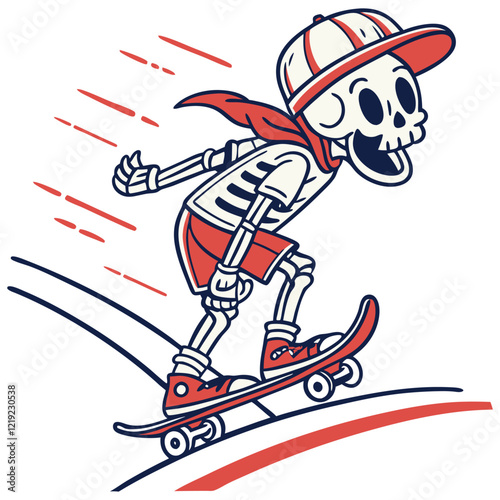 Skateboard t-shirt label design with illustration of skeleton playing skateboard. Hand drawn illustration.