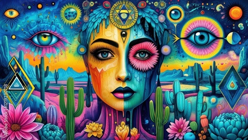 Psychedelic portrait, surreal face, vibrant colors, third eye, lotus flower, cactus desert, starry night sky, cosmic imagery, mystical eyes, dripping paint effect, spiritual awakening, neon glow, sacr photo