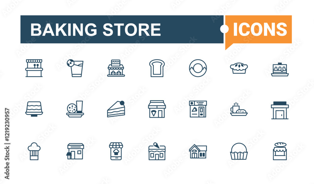 Baking Store linear icon collection. It contains symbols to bakery, flour, cook, pie, break, baker and more. Outline icon. Outline and solid pictogram. Baking Store linear icon collection. It contains symbols to bakery, flour, cook, pie, break, baker and more. Outline icon. Outline and solid pictogram.