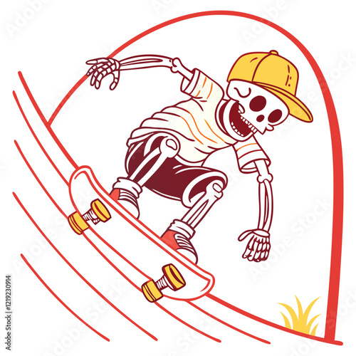 Skateboard t-shirt label design with illustration of skeleton playing skateboard. Hand drawn illustration.