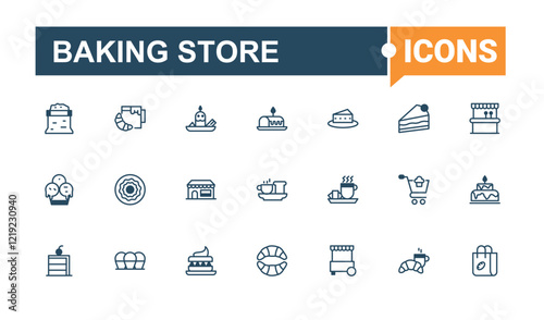 Baking Store linear icon collection. It contains symbols to bakery, flour, cook, pie, break, baker and more. Outline icon. Outline and solid pictogram.