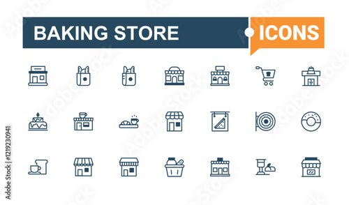 Baking Store linear icon collection. It contains symbols to bakery, flour, cook, pie, break, baker and more. Outline icon. Outline and solid pictogram.