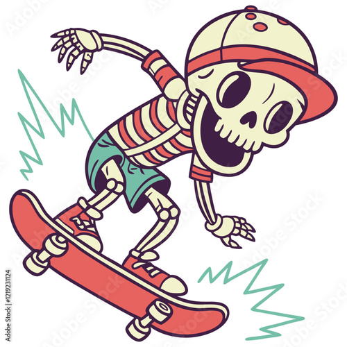 Skateboard t-shirt label design with illustration of skeleton playing skateboard. Hand drawn illustration.