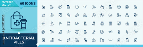 Antibacterial Pills icon set. Contains related to illness, bottle, pharma, disease, cure, antibiotic and more. Minimal linear icons. Outline and solid pictogram.