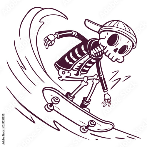 Skateboard t-shirt label design with illustration of skeleton playing skateboard. Hand drawn illustration.