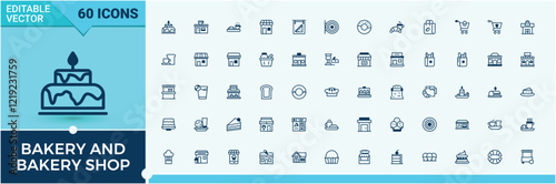 Bakery and Bakery Shop linear icon collection. Related to element, dessert, art, macaroon, tool and more. Thin outline icons pack. Editable vector outline and solid icons.