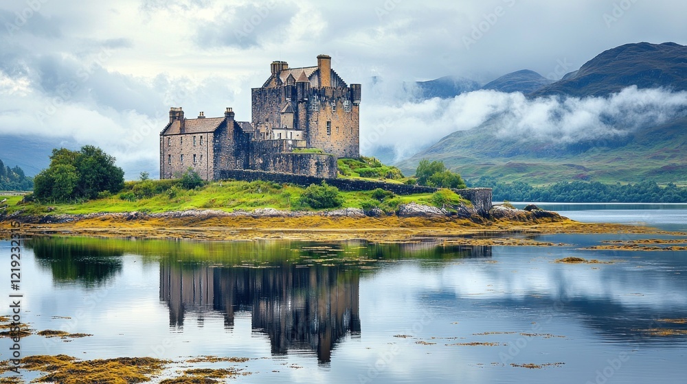 Majestic Castle on an Island Surrounded by Serene Water and Clouds Majestic Castle on an Island Surrounded by Serene Water and Clouds