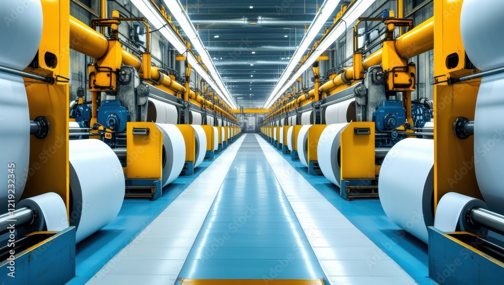Industrial textile factory, robotic arms, automation, production line, large fabric rolls, high-tech machinery, blue floor, yellow robots, ceiling cranes, manufacturing plant, precision engineering, t Industrial textile factory, robotic arms, automation, production line, large fabric rolls, high-tech machinery, blue floor, yellow robots, ceiling cranes, manufacturing plant, precision engineering, t