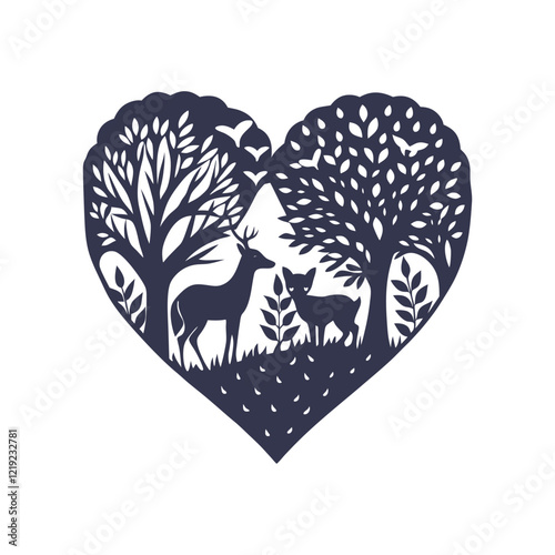 Forest Animals in a Heart: Symbolic Ecosystem Silhouette – Earth Day-themed Vector Illustration