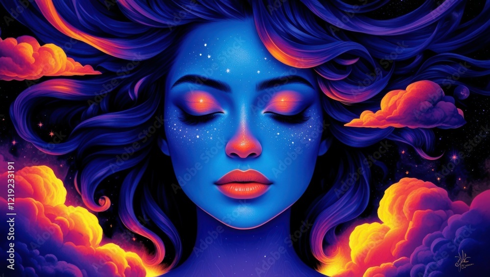 Fototapeta premium Fantasy portrait, ethereal blue-skinned woman, closed eyes, flowing dark hair, cosmic background, vibrant orange and purple clouds, starry night sky, dreamy atmosphere, digital painting, surreal art, 