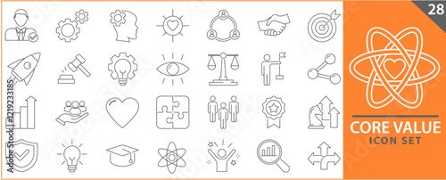 Set of icons core values. vector images with editable stroke. Includes passion, diversity, exceptional, innovative, accountability, will to win, empathy.