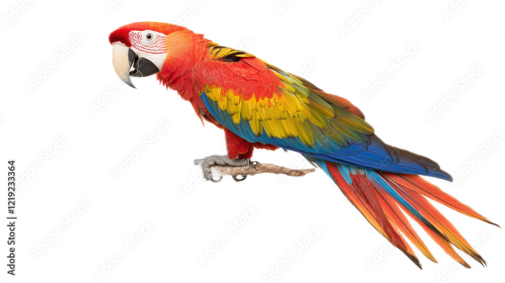 Fototapeta premium Colorful Scarlet Macaw Perched on Branch with Vivid Red, Yellow, and Blue Feathers Against Neutral Background for Wildlife and Nature Photography