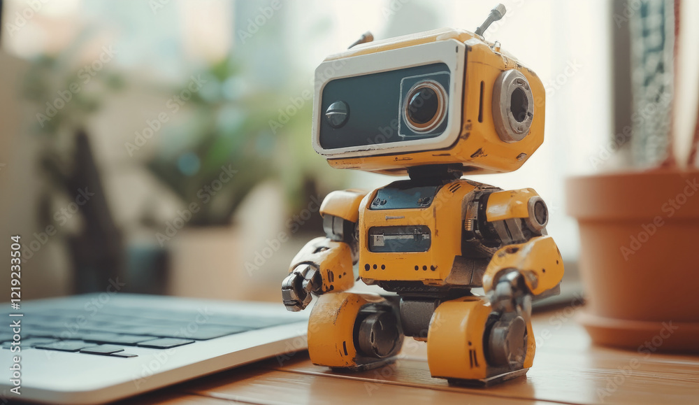 Small yellow toy robot standing on desk next to laptop in bright home office setting with houseplants Small yellow toy robot standing on desk next to laptop in bright home office setting with houseplants