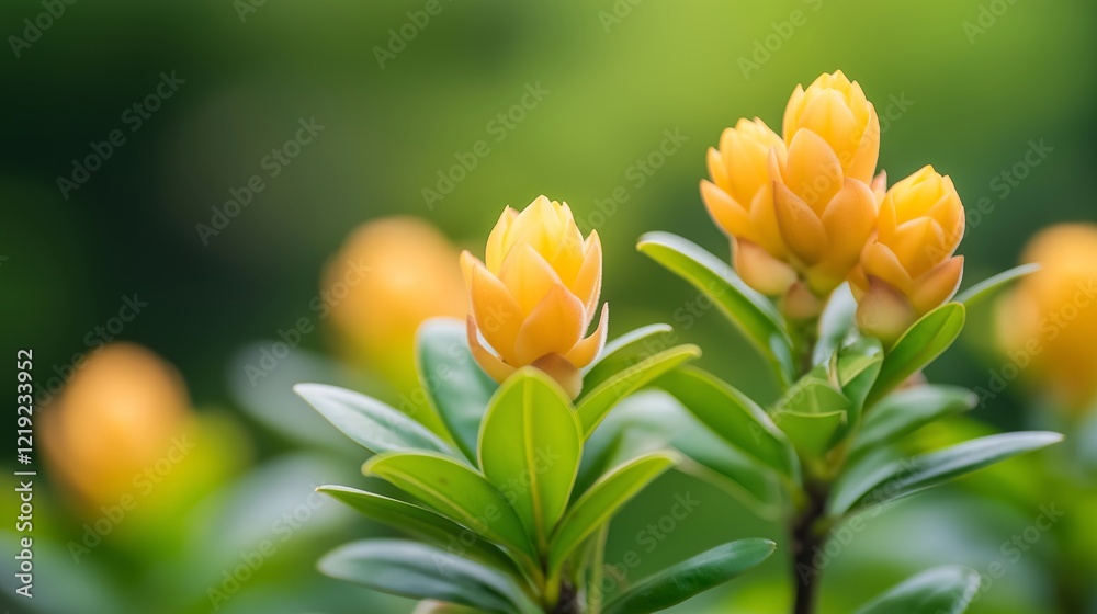 Fototapeta premium Close up of orange flowers with green leaves in a natural environment. Spring nature background with copy space.