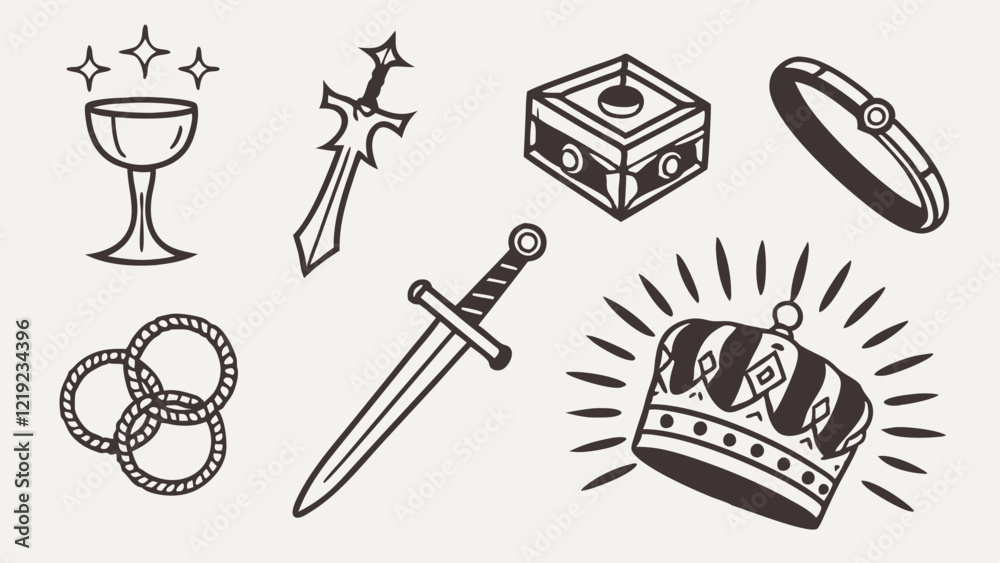 Fototapeta premium Flat Icons of Ancient Mythical Artifacts Including Goblets, Rings, and Relics