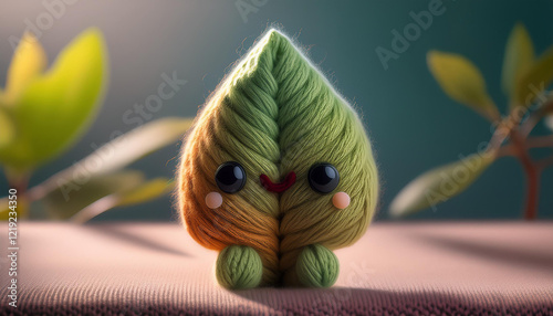 Wool Leaf – Cute 3D Character, Natural Colors, Eco-Friendly, Kawaii Design with Whitespace