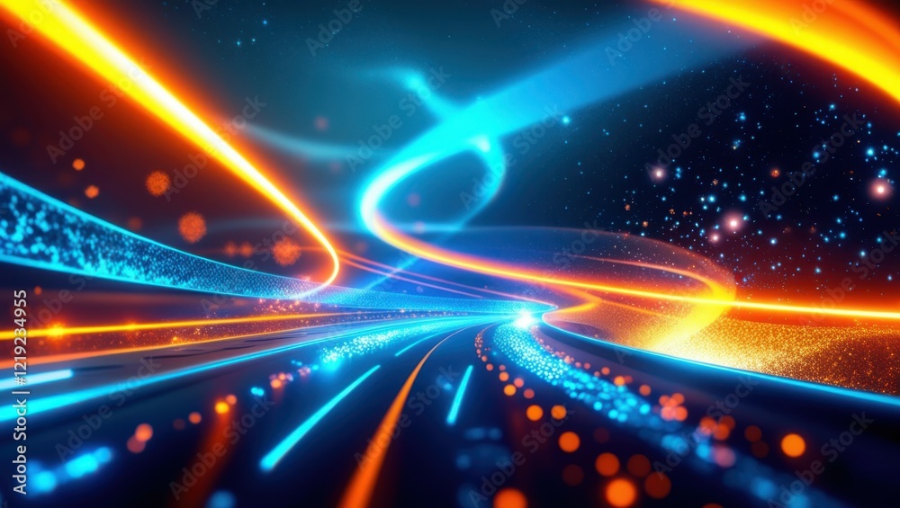 abstract cosmic highway, light trails, energy beams, neon blue and orange, space background, stars, dynamic motion, futuristic, digital art, vibrant colors, speed lines, glowing particles, sci-fi aest abstract cosmic highway, light trails, energy beams, neon blue and orange, space background, stars, dynamic motion, futuristic, digital art, vibrant colors, speed lines, glowing particles, sci-fi aest