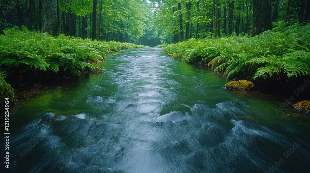 Fototapeta premium Serene Forest Stream: A Tranquil River Flowing Through Lush Green Foliage