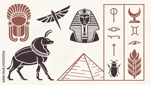 Egyptian Symbols with Scarabs, Ankhs, Pharaohs, and Obelisks Flat Icon Silhouettes