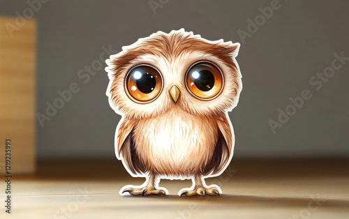 Cute baby owl sticker design featuring a whimsical little owl with big bright eyes, perfect for adorable and playful themes photo