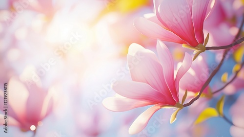 Pink magnolia blossoms with bokeh effect on spring background. Spring nature concept with copy space.