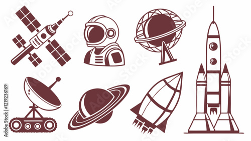 Flat silhouette icons depicting space exploration elements including satellites, rovers, and astronauts.