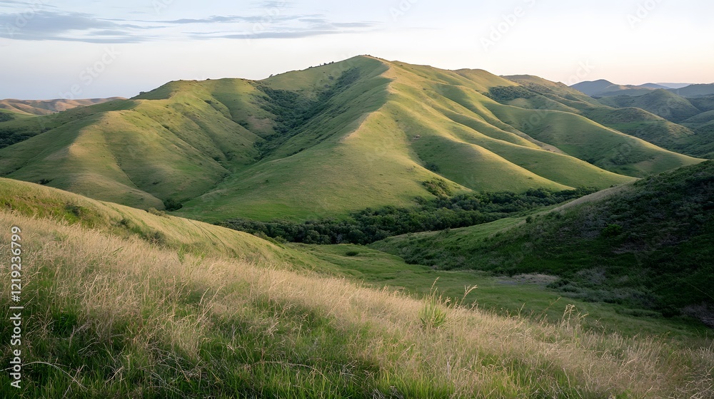 Fototapeta premium Rolling Green Hills Landscape at Sunset Dramatic Mountain Scenery