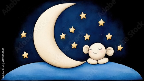 Cute cartoon illustration of a sleepy character with moon and stars on a blue background