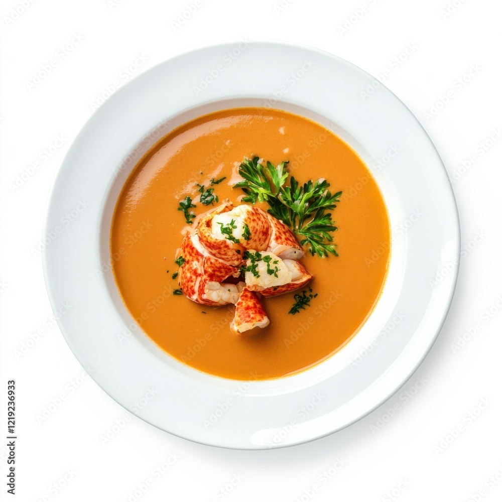 A gourmet lobster bisque with cream and sherry, isolated white background, surreal art style A gourmet lobster bisque with cream and sherry, isolated white background, surreal art style
