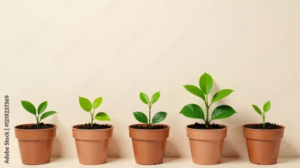 Obraz premium A Row of Young Plants in Terracotta Pots Showcasing Growth and Development