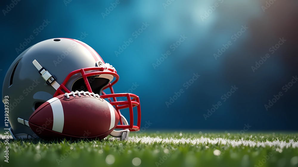 On Super Bowl Sunday, a football helmet and ball lie on the field with a striking blue background, generative ai On Super Bowl Sunday, a football helmet and ball lie on the field with a striking blue background, generative ai