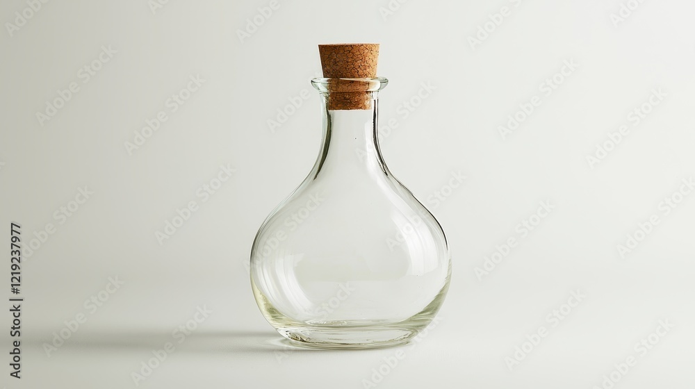 A clear glass bottle of olive oil with a cork stopper, placed on a white background, on a white isolated background A clear glass bottle of olive oil with a cork stopper, placed on a white background, on a white isolated background