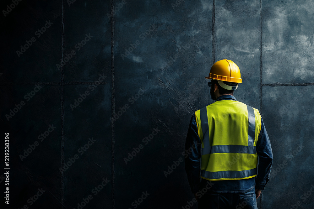 Fototapeta premium Construction worker in yellow hard hat on dark background with space for text