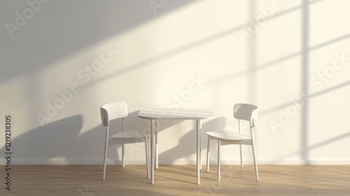 Modern white table and chairs in sunlit room. Interior design photo